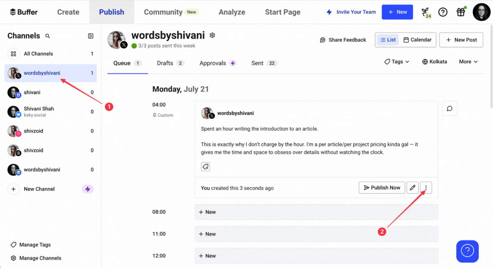 GIF showing how to deleted a scheduled tweet in Buffer