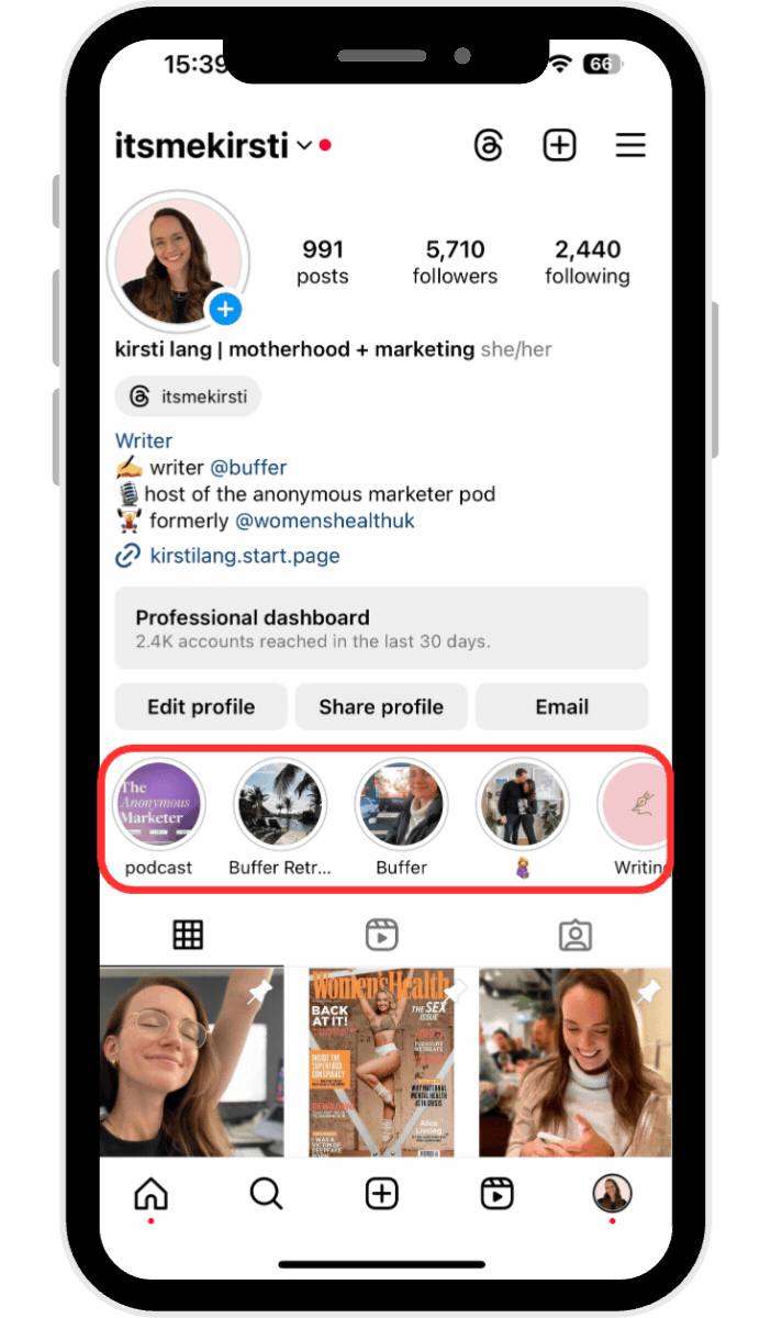 Instagram profile page for user ‘itsmekirsti’ displayed on a smartphone. Highlighted story circles include ‘podcast,’ ‘Buffer Retreat,’ ‘Buffer,’ and ‘Writing.’