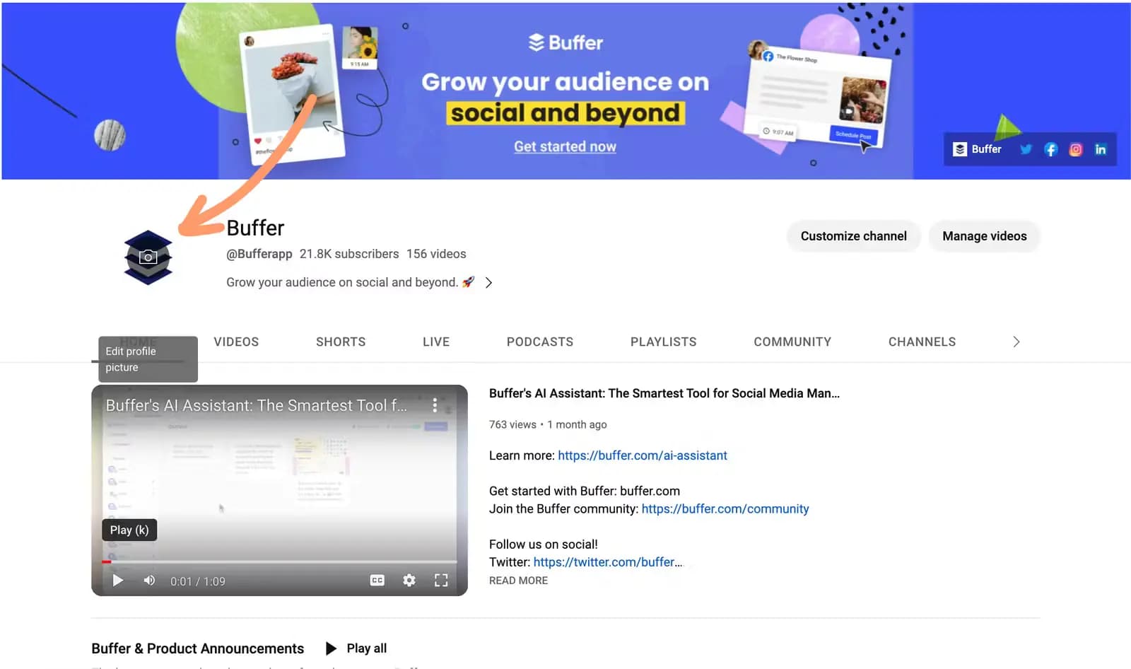 Buffer’s profile picture on YouTube.