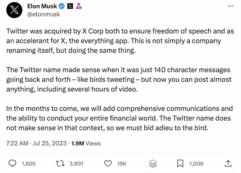 Screenshot of Elon Musk’s tweet announcing why Twitter became X.