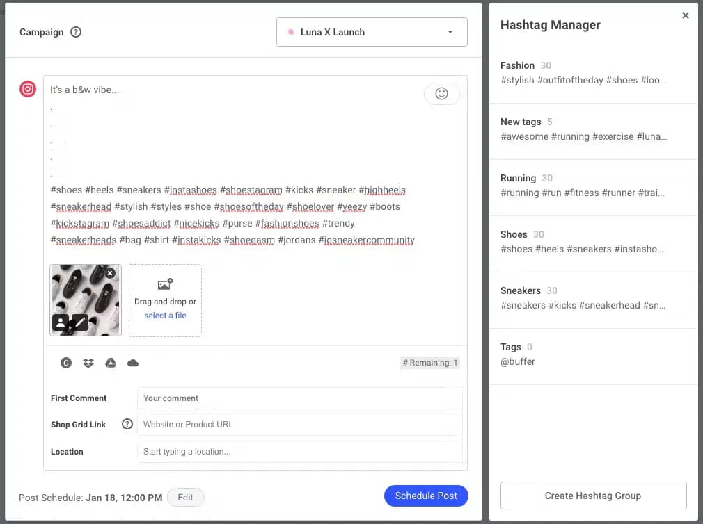 Buffer’s hashtag manager with hashtags group for quickly adding hashtags to your posts.