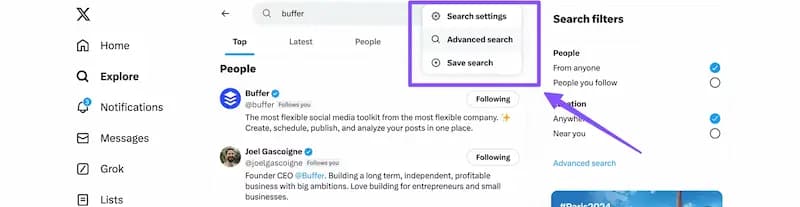 X/Twitter Advanced Search menu within top search bar three dot menu.