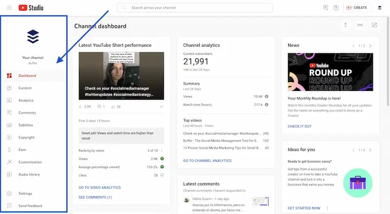 YouTube Studio dashboard with analytics, content, comments, and other tabs.