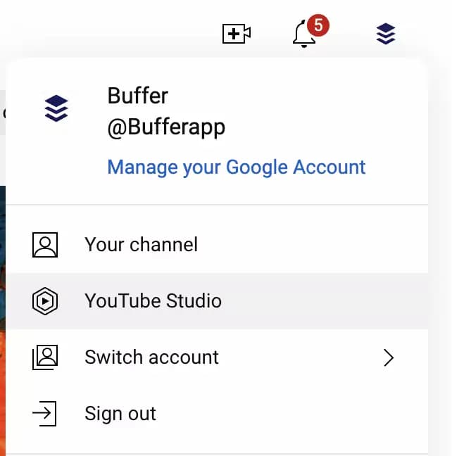 YouTube account menu with YouTube Studio link.
