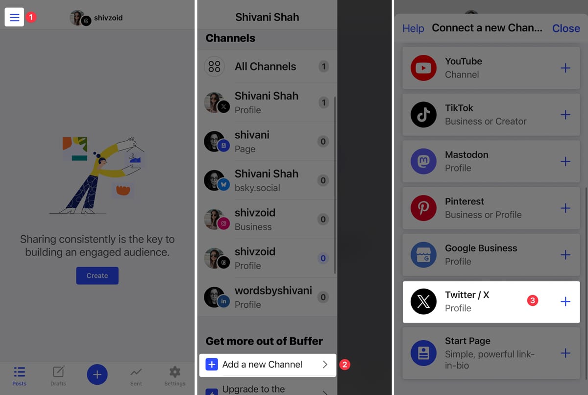 Screenshots showing how to connect twitter as a channel in buffer