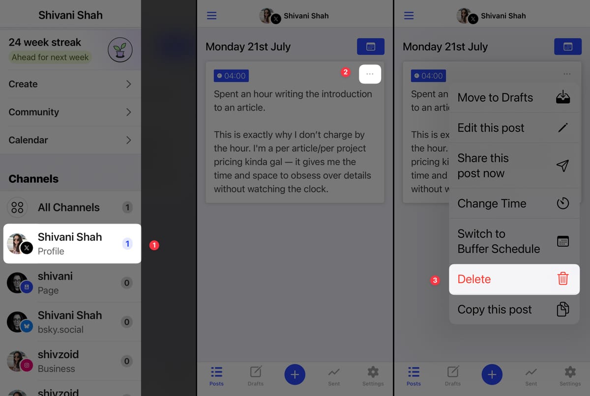 screenshots showing how to deleted a scheduled tweet in Buffer