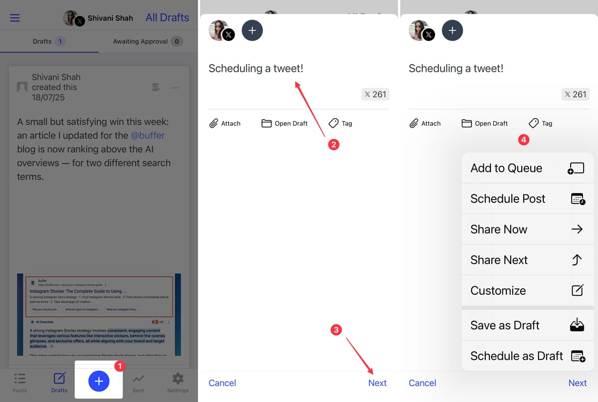 GIF showing how to schedule a tweet in buffer