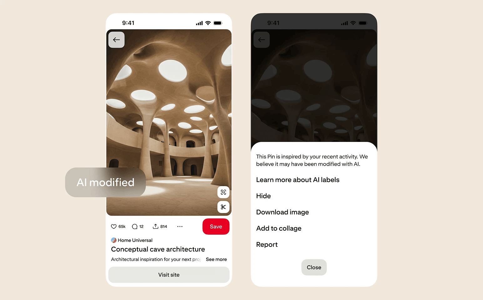 wo smartphone screens displaying a Pinterest interface. The left screen shows an image of a futuristic architectural interior with tall organic columns and round skylights, labeled ‘AI modified.’