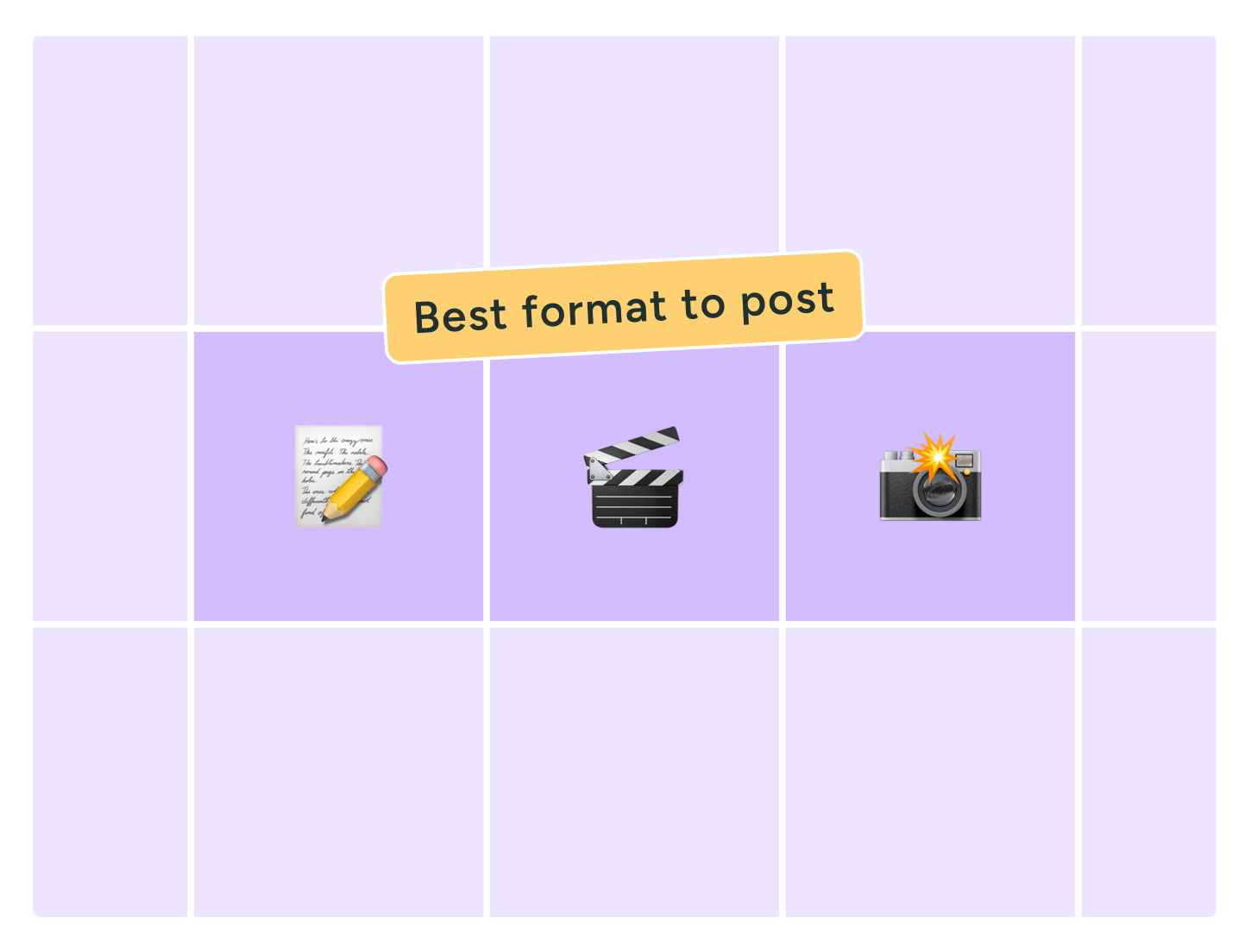 Graphic with text, video, and photo emojis under label ‘Best format to post’ on purple grid background