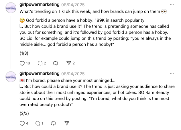 example of a great Threads post by girl power marketing