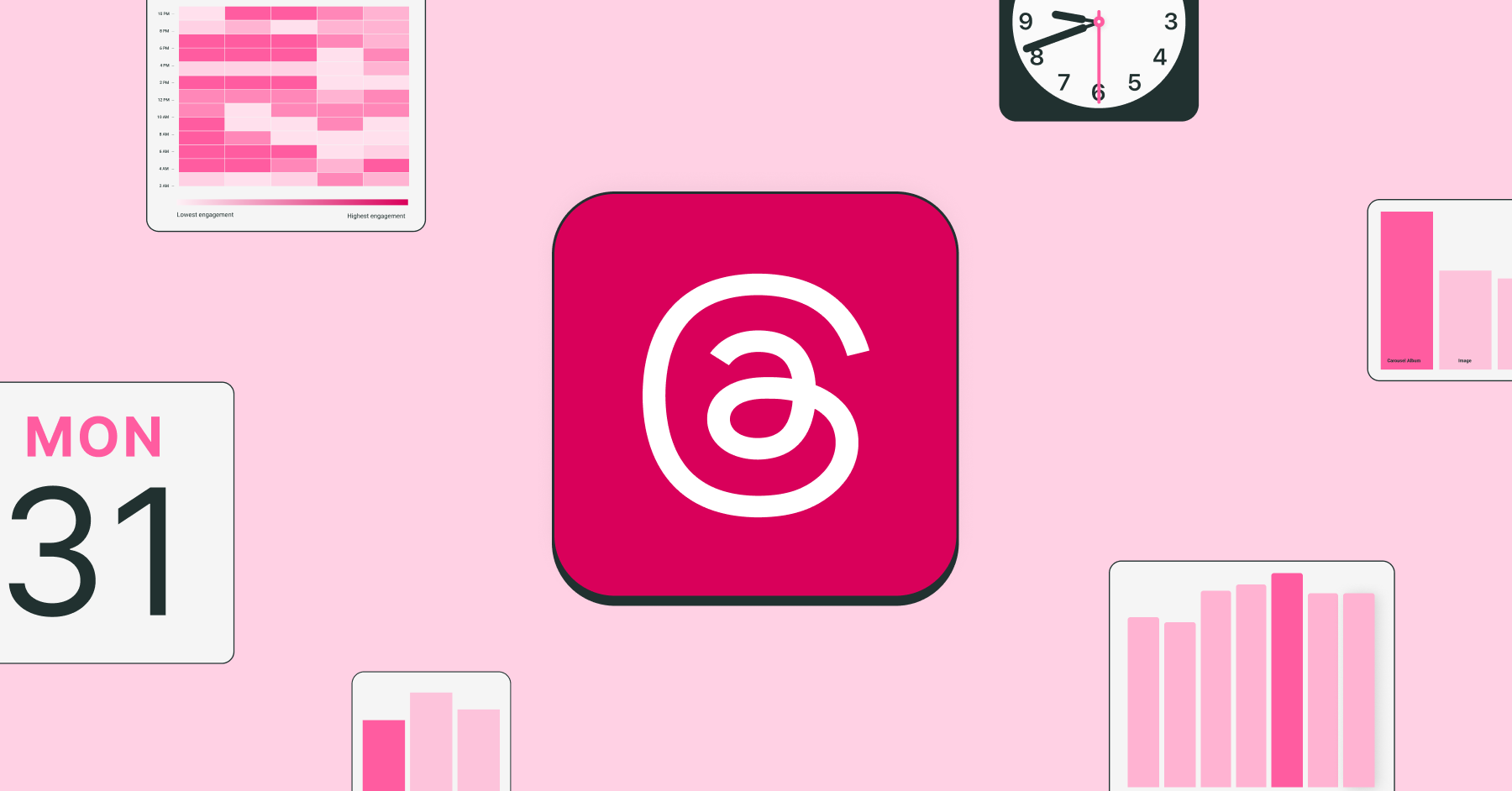 Various icons, including the Threads logo and graphs, juxtaposed on a pink background to illustrate the best time to post on Threads