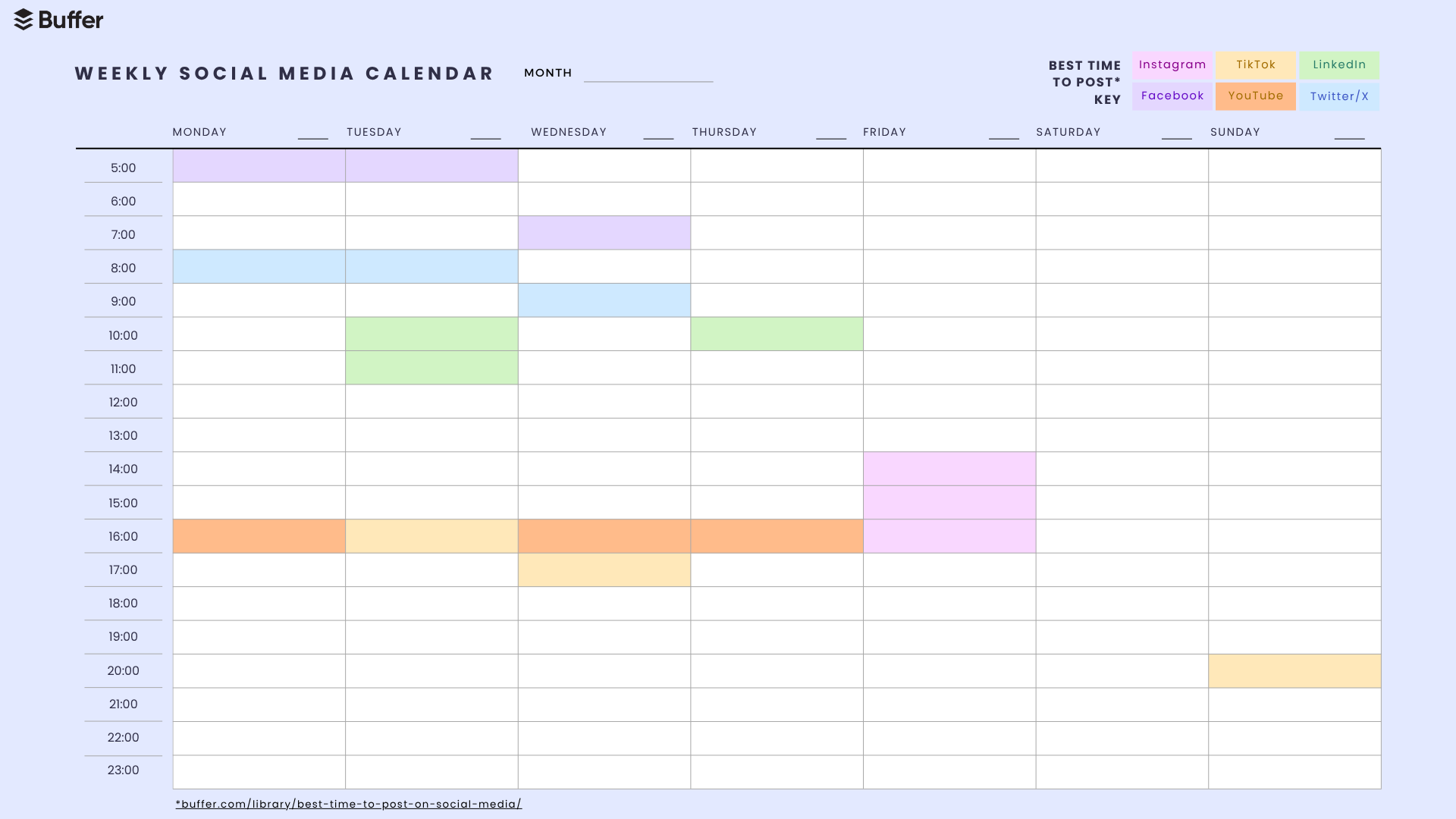 a social media calendar with the best times to post on each platform highlighted in various colors