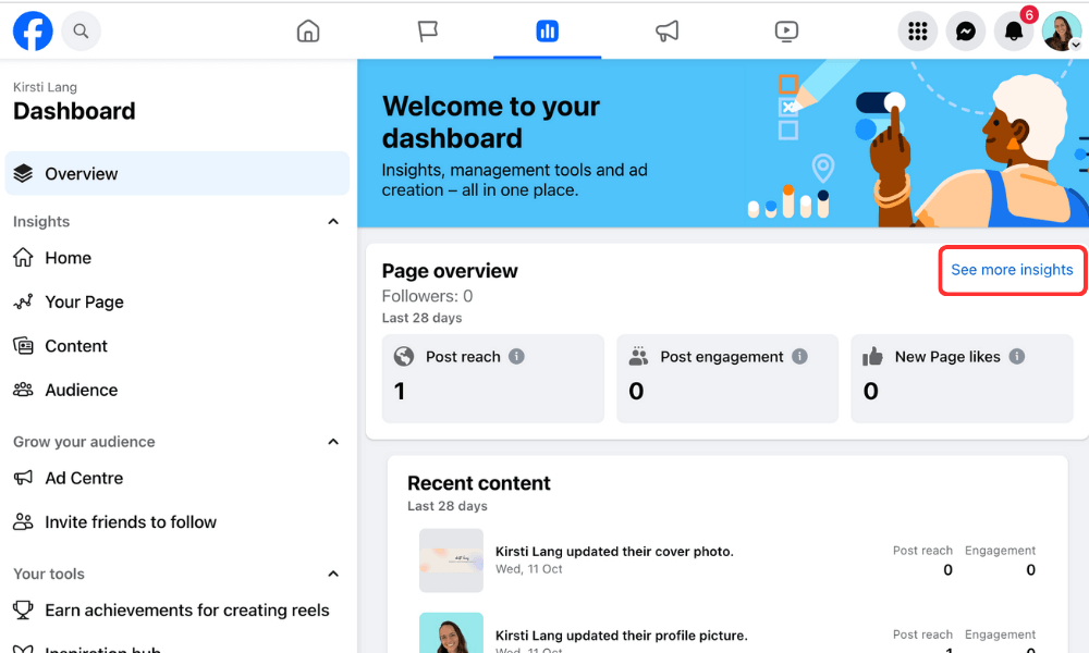 Screenshot showing how to navigate to Facebook Page Insights