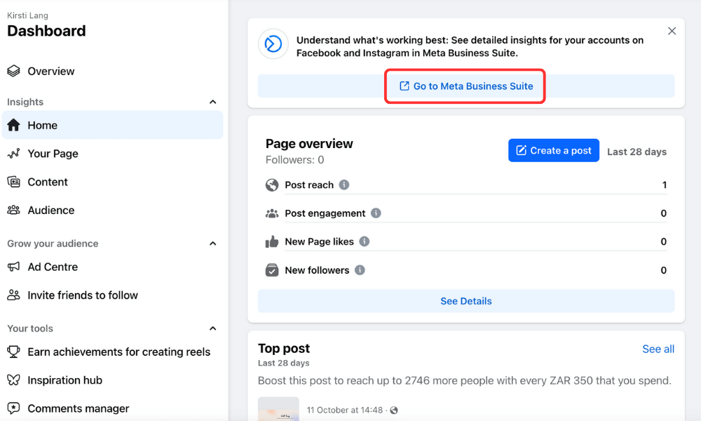 Screenshot showing how to navigate to Facebook Page Insights