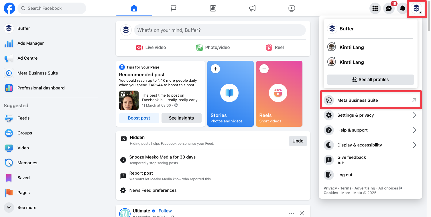 Screenshot showing how to navigate to Facebook Page Insights