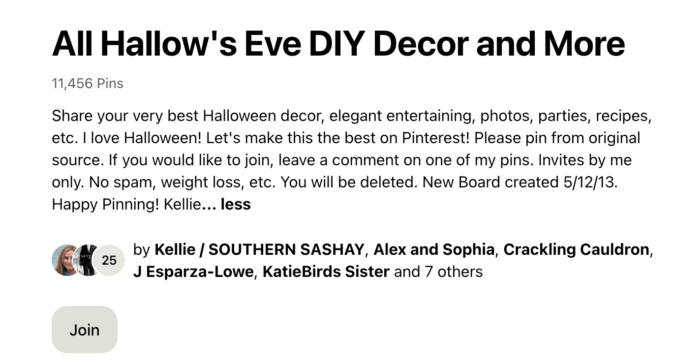 A Pinterest group board titled ‘All Hallow’s Eve DIY Decor and More,’ containing 11,456 Pins.