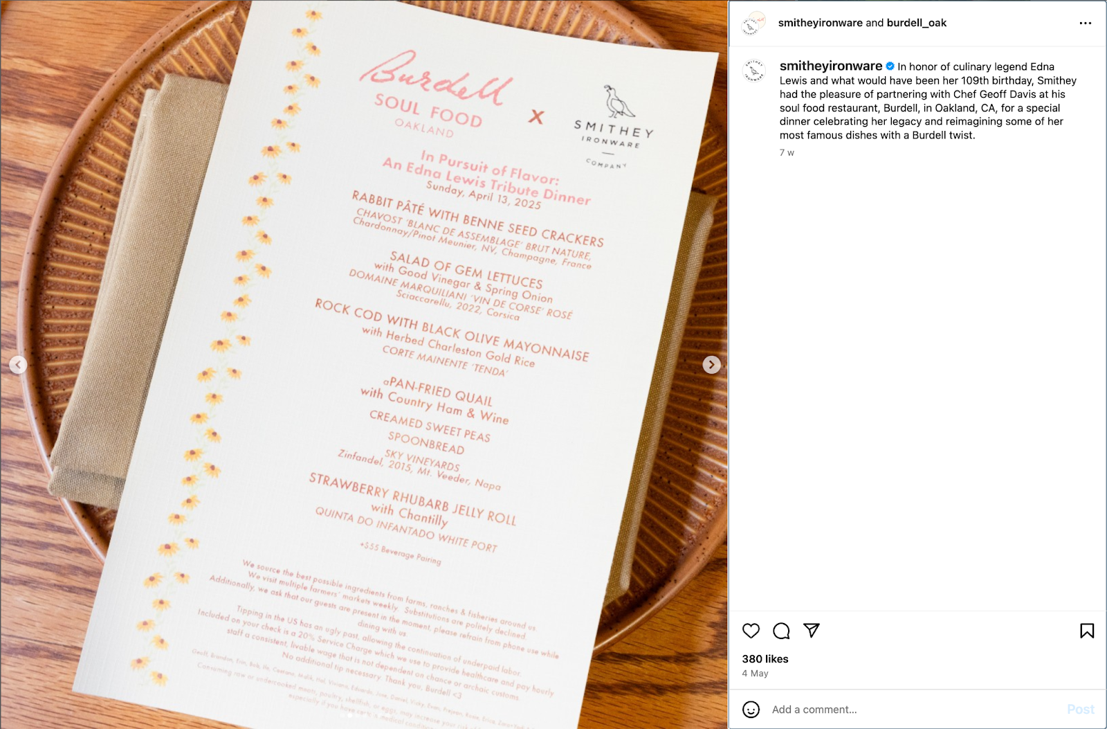 screenshot of Smithey Ironware and Burdell Oak's collab post