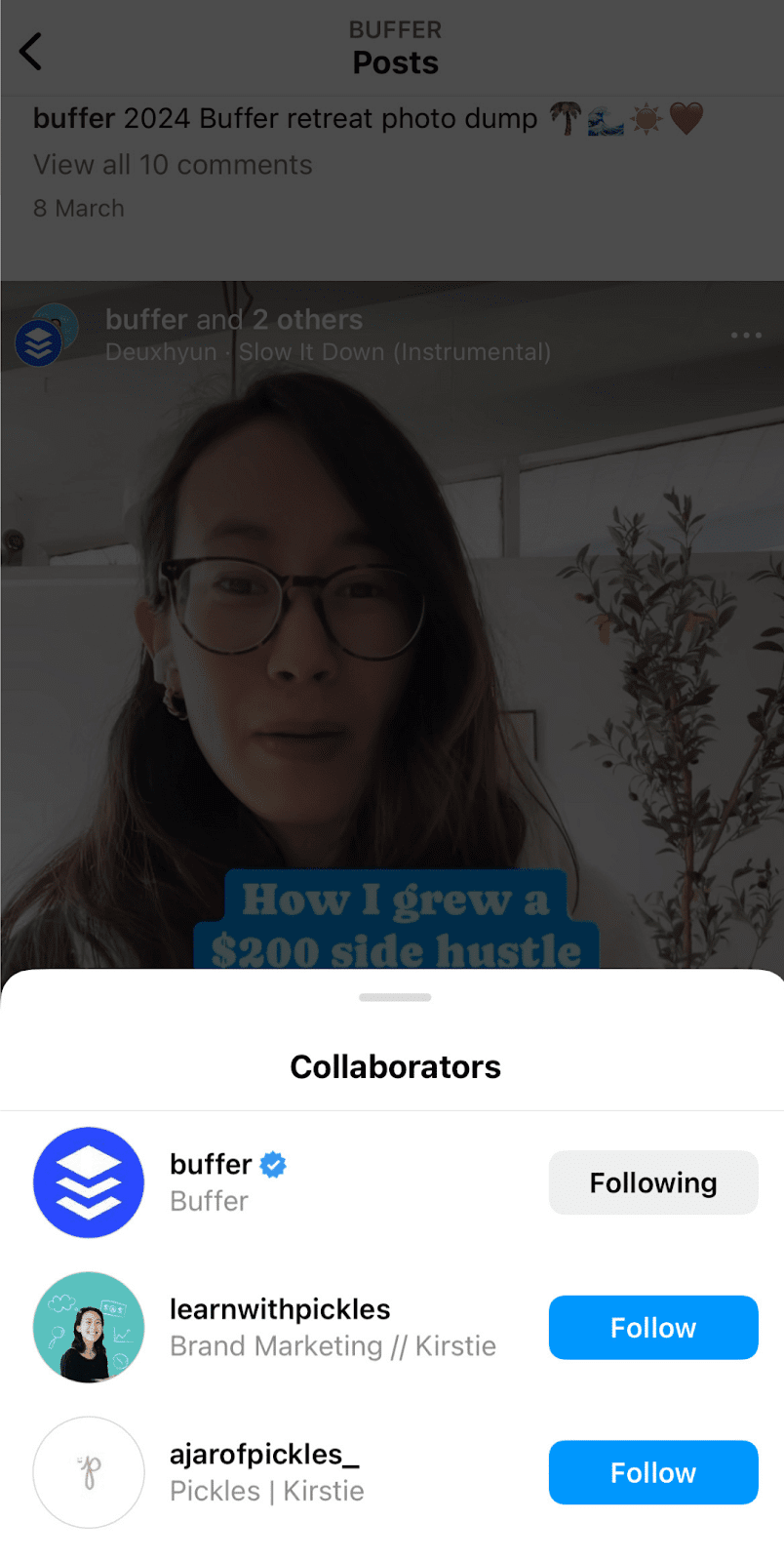A screenshot of Kirstie Wang's instagram collab with Buffer