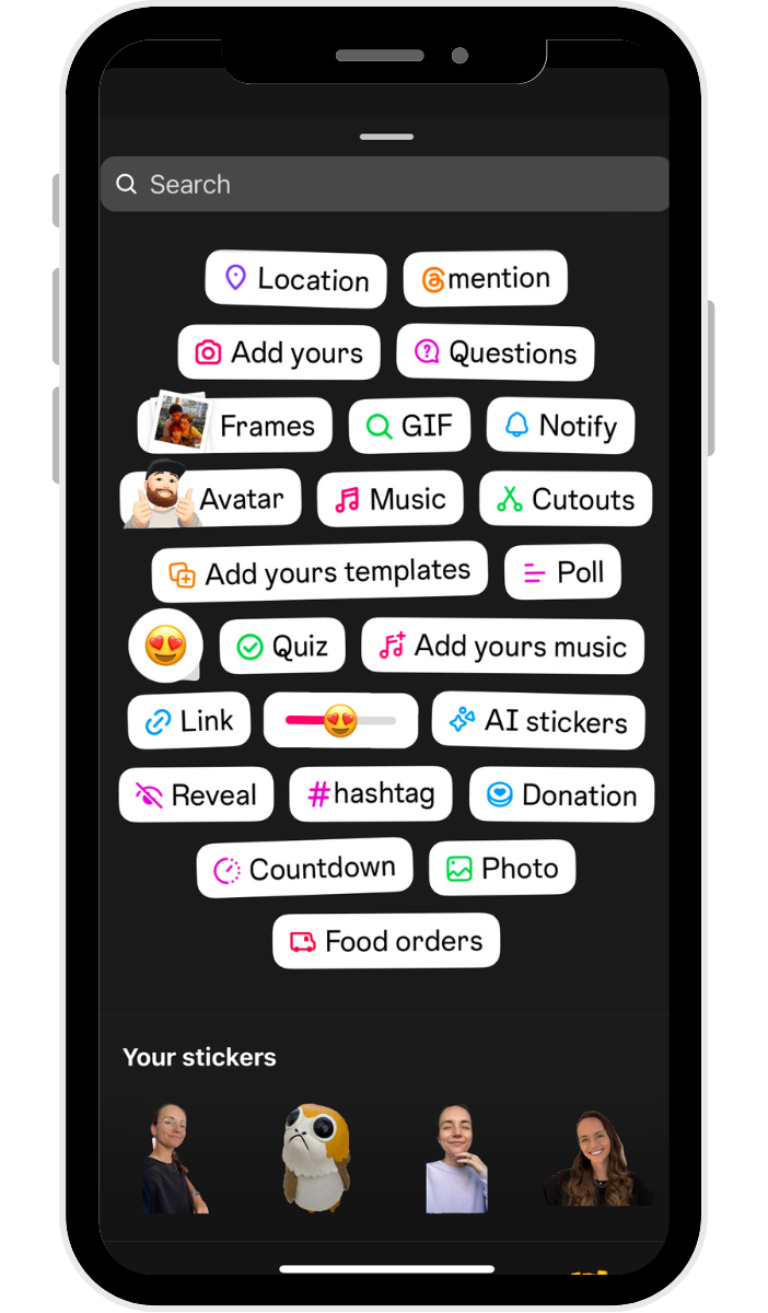 Instagram Stories sticker menu on a smartphone screen. A search bar appears at the top, followed by rows of various sticker options like Location, Mention, Add yours, Questions, Frames, GIF, Notify and more