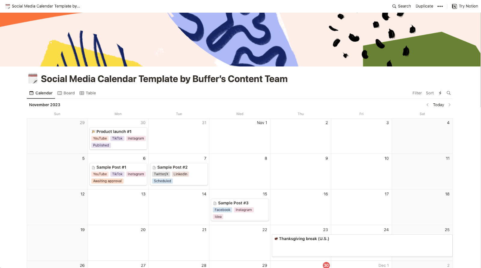 a screenshot of a social media calendar template in notion