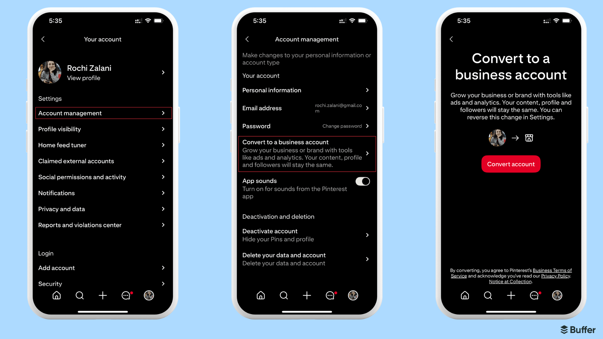 Three smartphone screenshots showing how to convert a Pinterest personal account to a business account