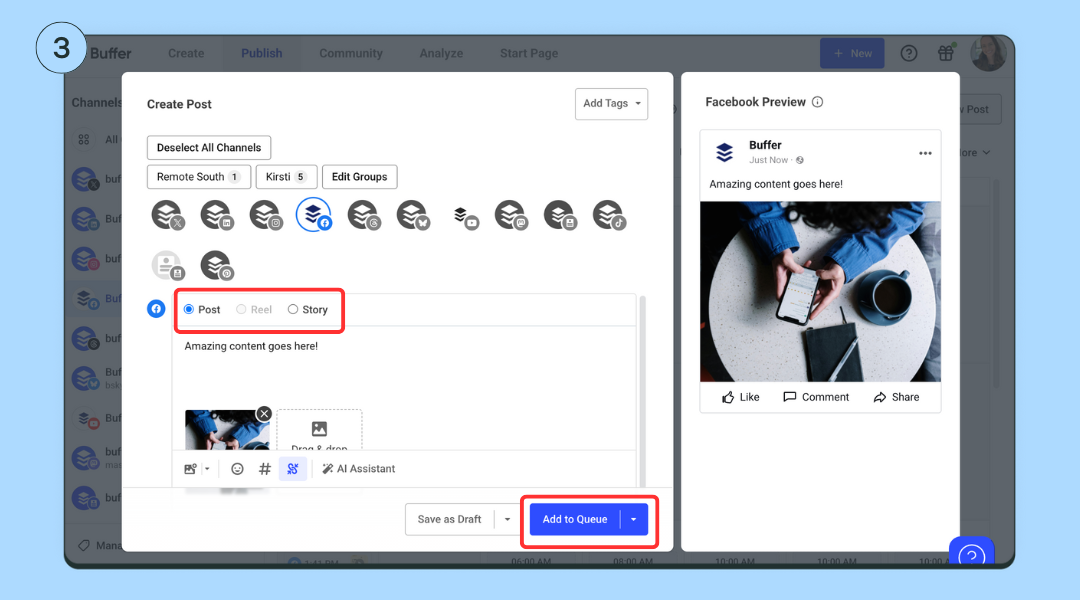 screenshots showing How to Schedule Facebook Posts in Buffer