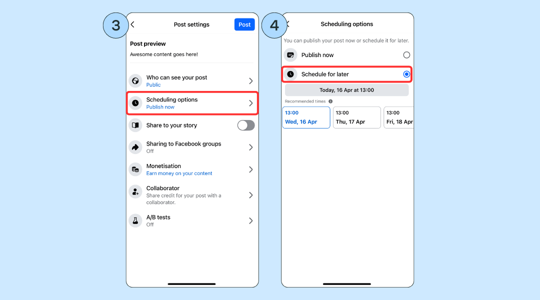 screenshots showing How to Schedule Facebook Posts