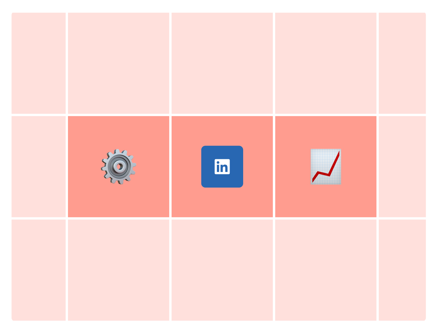 Graphic with a red grid background showing a gear emoji, LinkedIn logo, and upward graph emoji—representing scheduling and performance on LinkedIn
