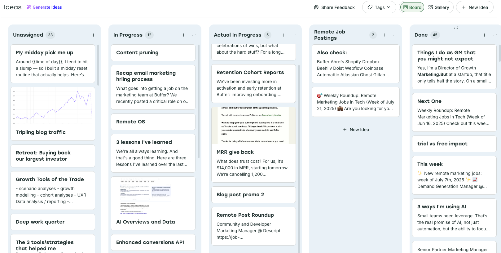 a screenshot of simon heaton's create space in Buffer, with ideas organized into different columns by content pillar