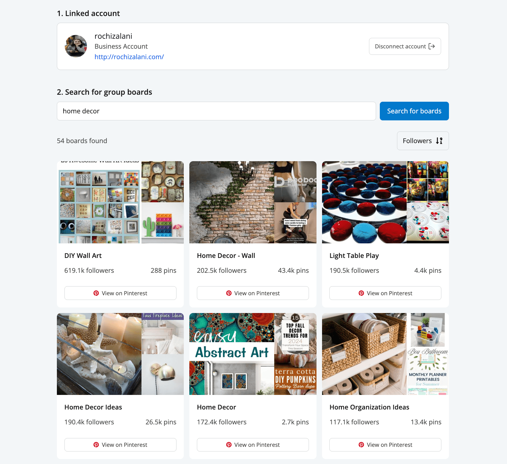 screenshot of Tailwind’s Group Board Finder tool for Pinterest. At the top, a section shows a linked Pinterest business account for user ‘rochizalani’ with a profile photo, business account label,