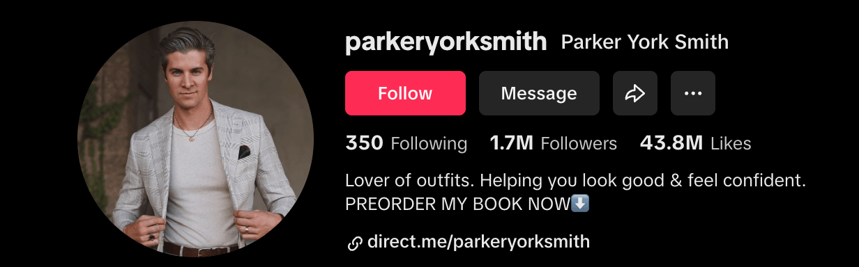 Screenshot of Parker York Smith’s bio, which reads: "lover of outfits, Helping you look good and feel confident."